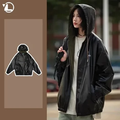 Harajuku Hooded Men Pu Siaced Lledr Hydref Vintage Beic Modur Côt Ddu Gwryw Hip Hop Zipper Dillad Allanol Unisex Streetwear 2023