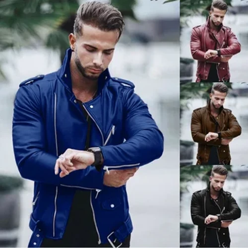 Fómhar agus geimhreadh nua na hEorpa agus na Stáit Aontaithe leathair faisin na bhfear seaicéad leathair gluaisrothar zipper lapel mór-mhéid