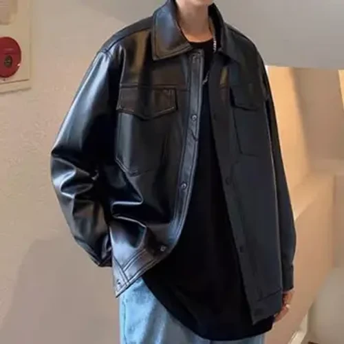 Heren kunstleer jas lente herfst turn-down kraag borstzak knoopsluiting lange mouwen effen kleur zwart mannelijk casual coa