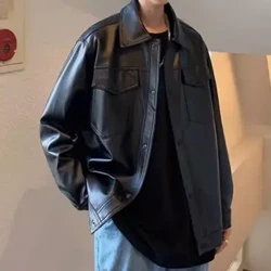 Fir Faux Leathar Jacket Earraigh Fall Casadh-Síos Collar Cíche Póca Cnaipe Dúnadh Sleeves Fada Dath Soladach Dubh Fireann Ócáideach Cóa