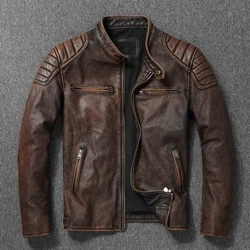 Vintage Melyn Brown Real Cowhide Siaced Lledr Ddiffuant Dynion Côt Beic Modur Dynion Dillad Beiciwr Gwanwyn Hydref Asiaidd Maint 6XL