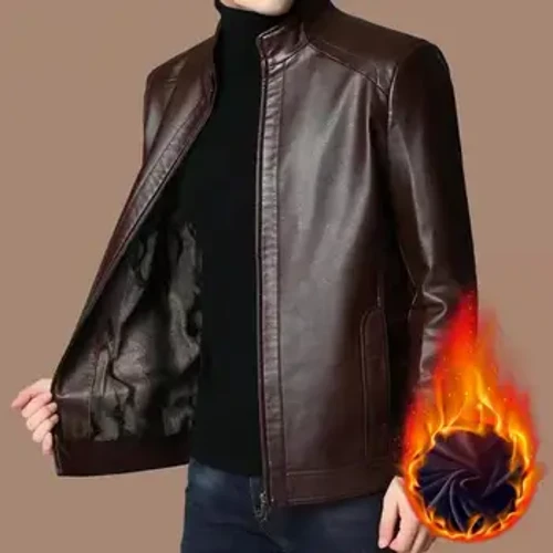 Cappotto da uomo in ecopelle Giacca da uomo in ecopelle antivento di mezza età con chiusura con cerniera sul colletto rialzato che trattiene il calore in peluche