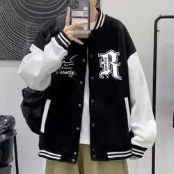 Toamnă Iarnă Bărbați Palton de baseball Guler Stand Largi High Street Style Bărbați Jachetă pentru bărbați, cu un singur piept, cu manșetă elastică în dungi