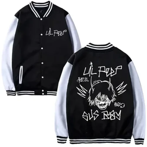 Rapper Lil Peep Đồ Họa Áo Khoác Bóng Chày Nam Nữ Hip Hop Thời Trang Quá Khổ Dạo Phố Đồng Phục Bóng Chày Đen Miếng Dán Cường Lực Áo Khoác