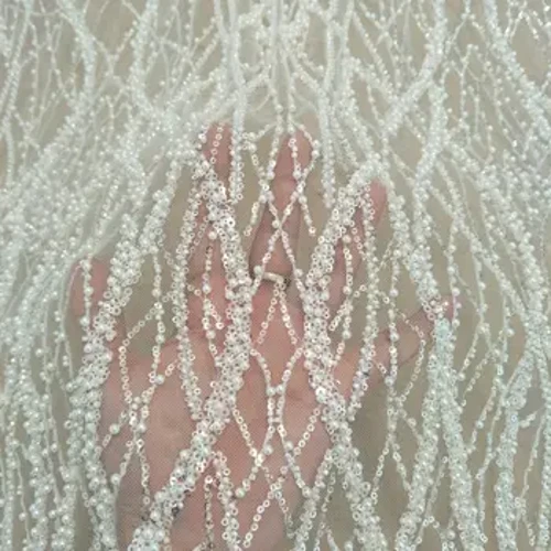 Tessuto di pizzo con perline pesanti, moda elegante, con perle, tessuto di pizzo per abito da sposa, larghezza 130 cm, venduto tagliato a misura