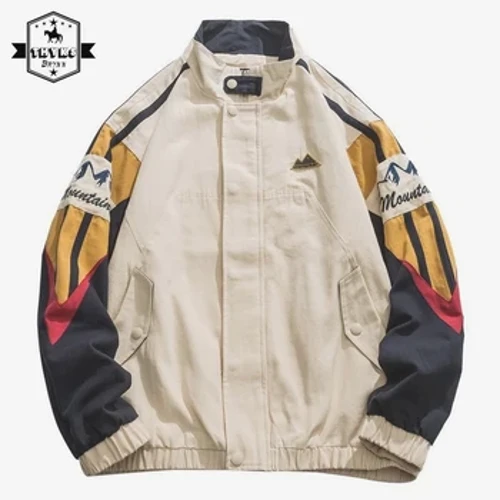 Amerikan stend ýakasy palto Erkekler Güýz Harajuku beýik köçesi Reňkli pyçakly penjek Unisex Patchwork Beýsbol formasy