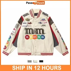 Áo Khoác Bomber Nam Nữ Hip Hop Thêu Xe Máy Rời Áo Khoác Bóng Chày Cổ Cao Cấp Đường Đua Varsity Áo Khoác Ngoài Mới