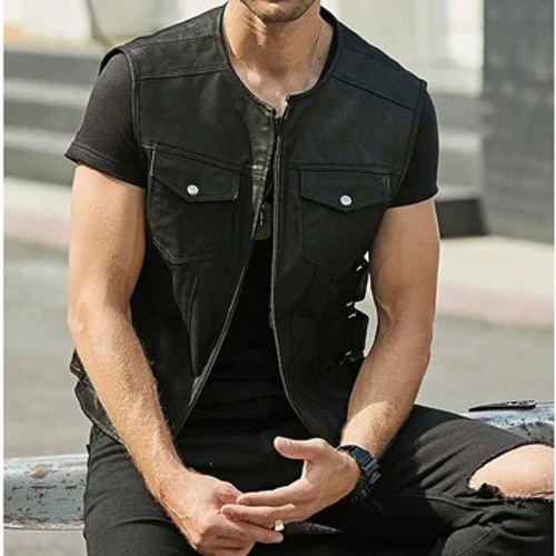 Fashion Biker ხელოვნური ტყავის ჟილეტის ქურთუკი ჟილეტის მამაკაცის მოტოციკლეტის ჟილეტი ერთიანი ფერის ჯიბეში მამაკაცის ტოპები ქუჩის ტანსაცმელი