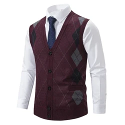 Pakaian Pria Rompi Rajut Vintage Jaket Ramping Tanpa Lengan Rompi Cardigan Tombol Up Pria Kostum Kasual Pintar V-neck Rajut Jaket