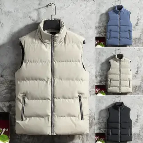Män Väst Jacka Enfärgad Stativ Krage Dragkedja Stängning Förtjockad Ärmlös jacka Höst Vinter Fluffig fyllning Bomull Vadderad W