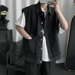Men Denim Sports Vest Men's Sleeveless Denim Vest with Large Pockets Ripped Holes Single Breasted Design for Casual Summer Style