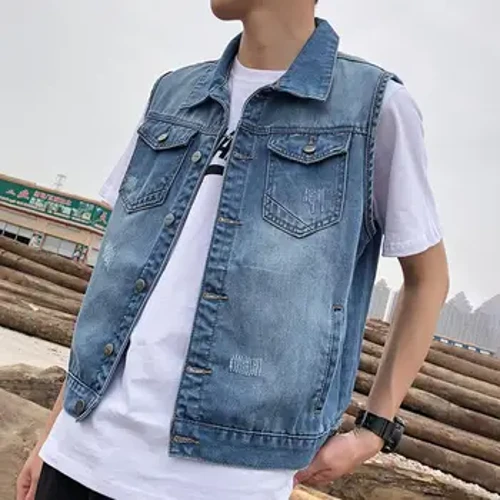 Leeňil Denim Vest Erkekleriň ýeňsiz Denim penjek, ýyrtyk deşik jübüleri bilen ýönekeý göwüs bili