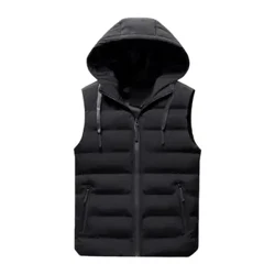 Homens colete jaqueta com capuz fino ajuste fofo enchimento outono inverno algodão acolchoado sem mangas jaqueta masculino trabalho colete streetwear