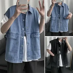 1kpl Miesten farkkuliivit taskuilla repeytyneitä reikiä Miesten denim urheiluliivi löysä miesten kesäfarkkuliivit kokoelma rintaliivit