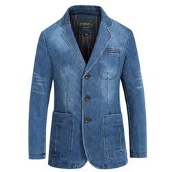 Siaced Denim Brand Men Siaced Blazer yr Hydref Siaced Filwrol Ffit fain Siaced Filwrol Breasted Sengl Coler Jeans Côt a Mwy Maint XXXXL