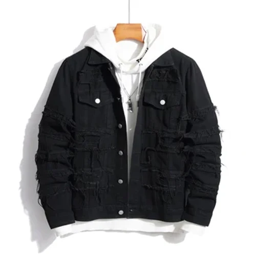 Phong Cách Đường Phố Nam Đau Khổ Nối Đen Slim Áo Khoác Denim Thời Trang Nam Rách Cổ Jean Áo Khoác Áo Khoác