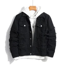 Street Style Mænd Distressed Splejsning Sort Slank denimjakke Mode Mand Rippet Casual Jeansjakke