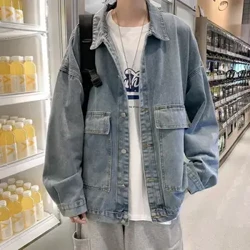 Jaket Denim Pria Bergaya Jaket Denim Pria dengan Kerah Flap untuk Musim Semi Musim Gugur Kasual Single Breasted Denim Pakaian Luar Pria