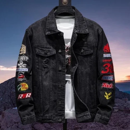 Jaket Kasual Bordir Trendi dengan Lubang Pakaian Denim Longgar Pria Jaket Pemuda Trendi Jaket Lengan Panjang Musim Semi dan Musim Gugur
