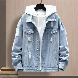 Chaquetas vaqueras con capucha para hombre de Hip Hop, ropa de abrigo informal para hombre, abrigo ajustado a la moda para otoño e invierno, chaqueta vaquera para hombre, ropa de calle 2023