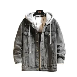 Chaqueta vaquera con capucha para hombre, Chaquetas vaqueras informales para hombre, ropa de calle de Color sólido con cuello vuelto, abrigos vaqueros para hombre, sombrero desmontable