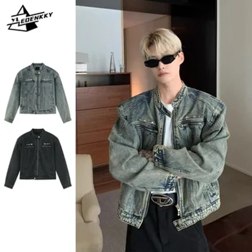 Jaket Denim Pria Gaya Amerika High Street Ritsleting Mantel Vintage Dicuci Tertekan Jaket Koboi Musim Semi Kasual Streetwear Anyar