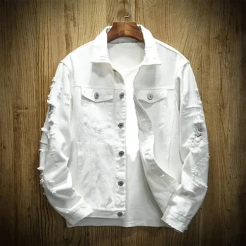 Moethus-B 139USD Rhwygo Twll Jean Men Siacedi Denim Siacedi Llewys Hir Achlysurol Lapel Solet Botwm Solet Siaced Jean fain