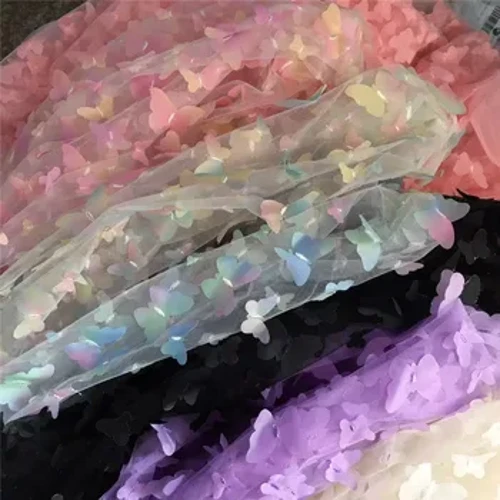 1 llath/pc 130cm o led yr enfys lliw glöyn byw glöyn byw 3d Applique blodau graddiant rhwyll Lace ffabrig ar gyfer dillad plant, ger yr iard