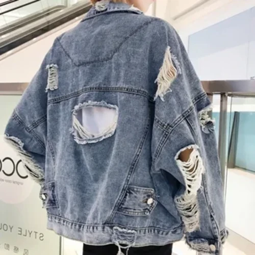 Modna poderana traper jakna Y2K Distressed Streetwear Hip Hop Broken Hole Jeans Biker jakne Muška plava jakna LooseOutwear