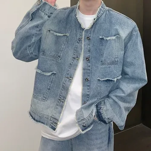 Nam Rửa Sạch Áo Khoác Denim Dạo Phố Rách Cổ Áo Đứng Họa Tiết Hàn Quốc Bông Tai Kẹp Retro Tay Dài Sang Trọng Áo Khoác 2024 Mới