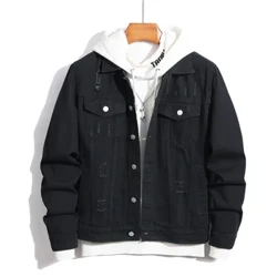 Dynion Newydd Slim Tyllau Trallodus Siaced Denim Ansawdd uchel Côt Siaced Jeans Gwryw Du Syml Rhwygo