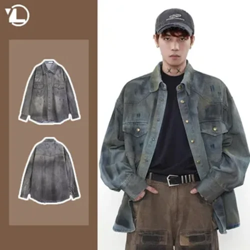 Forårs japansk denimskjorte herre slipsfarvet moderigtigt gade unisex cowboyoverdele dobbeltlommer reverskrave Y2K jakker 2024