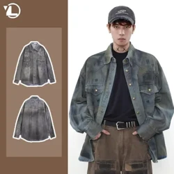 Mùa Xuân Nhật Bản Áo Sơ Mi Denim Nam Thắt Nơ Nhuộm Thời Trang Đường Phố Unisex Da Bò Áo Đôi Túi Có Cổ Y2K Áo 2024