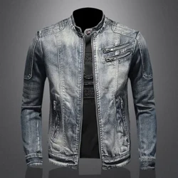 American Jeans Jacket Männer O-Neck Oversized Vintage Moto Denim Casual Männer Outwear Hierscht Patchwork Zipper High Street Männlech Mantel