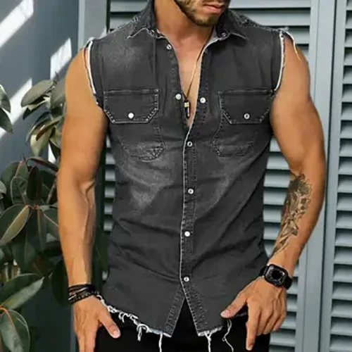 Kerah Tanpa Lengan Rompi Jaket Single-Breasted Flap Kantong Rumbai Pria Musim Panas Warna Solid Kemeja Denim Streetwear
