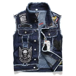 Pria Gaya Punk Rompi Denim Tengkorak Bordir Tanpa Lengan Denim Rompi Jaket Streetwear Hip Hop Jeans Rompi