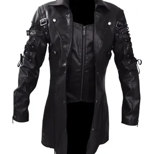 Punk mētelis Vīriešu mākslīgās ādas PU Trench jaka Viduslaiku Goth Spring rudens Tops Ielu apģērbi Vintage Gothic Moto Biker Outwear Abrigos