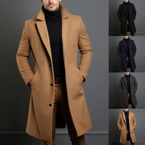 ฤดูใบไม้ร่วงฤดูหนาวยาวขนสัตว์ Trench Coat สำหรับผู้ชายสีทึบเดี่ยวหรูหราผ้าขนสัตว์ผสม-เสื้อกันหนาวเสื้อเสื้อผ้า