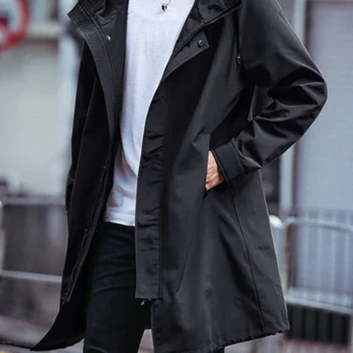 Primavera outono longo trench coat masculino moda com capuz blusão preto casaco casual