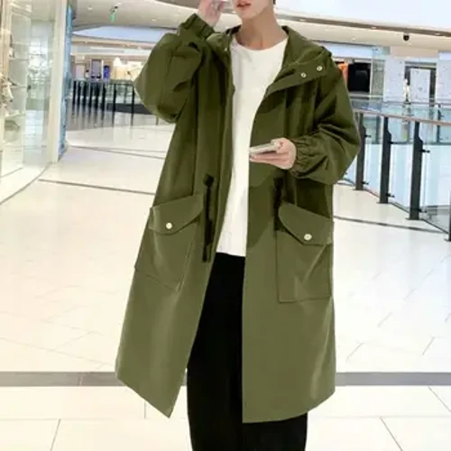 Cóta Fada Muinchille Zippered Fir Hooded Windbreaker d'Fhir Cóta Trench Cochaill Stylish bhFear le Pócaí Móra Zipper d'Fhir