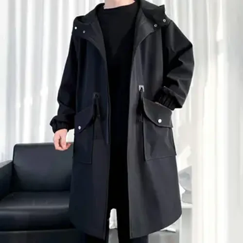 Jaket Polyester kanggo Pria Bergaya Pria Berkerudung Trench Coat dengan Zipper Penutupan Kantong Besar Tahan Angin Streetwear kanggo Pria