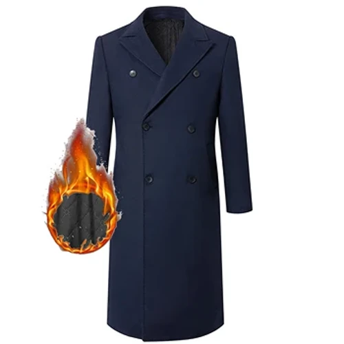 Herren Herbst und Winter Dick gepolsterter extra langer knielanger Wollmantel, zweireihiger Slim Fit Trenchcoat für Herren