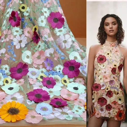 130 sm kenglikdagi 3D gulli dantelli mato Rangli kungaboqarli suzuvchi yumshoq to'rli kashta Kechki ko'ylak to'rli mato Moda liboslari Tissu