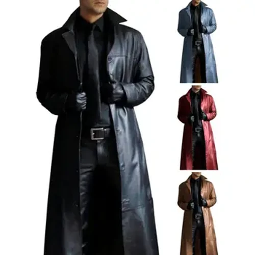 Jachetă din piele artificială pentru bărbați Trench elegant din piele artificială pentru bărbați cu guler răsturnat Îmbrăcăminte de stradă rezistentă la vânt pentru subțire pentru bărbați