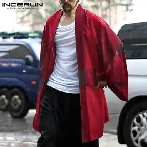 INCERUN Trench pentru bărbați în carouri, vintage, cu mânecă lungă, cusătură deschisă, cardigan casual, kimono, îmbrăcăminte de stradă pentru bărbați, toamna 2024, paltoane largi pentru bărbați, 5XL