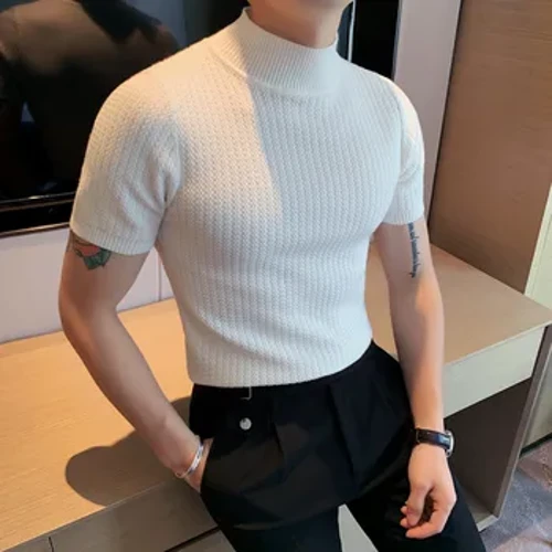 Erkaklar qisqa yengli trikotaj kozok 2022 bahorgi yangi turtleneck bir tekis rangli kundalik cho'zilgan Slim Fit Homme pulloverlar erkaklar kiyimlari