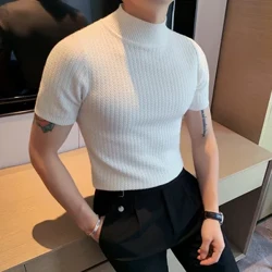 Panlalaking Short Sleeve Knitted Sweater 2022 Spring New Turtleneck Solid Color Casual Stretched Slim Fit Homme Pullovers Damit ng Lalaki