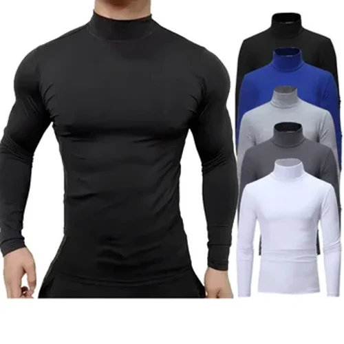 Vår Höst Vinter Herrtröja med hög elasticitet Herr Casual Slim Fit Basic Långärmad Sport Turtleneck Kvalitet Toppar