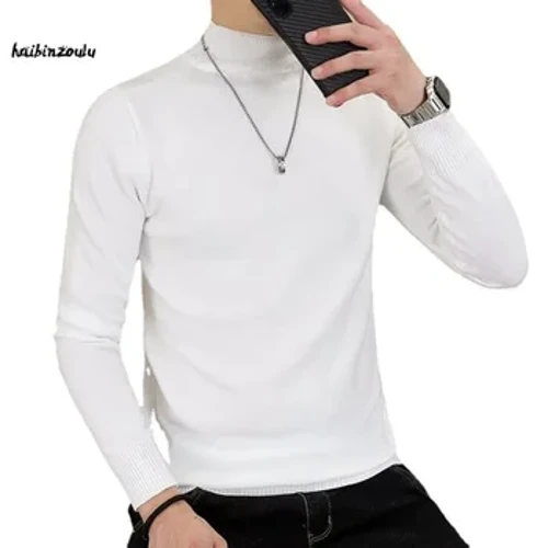 Männer d'Halschent Turtleneck Schwaarz a Wäiss Long Sleeve Strécken Sweater