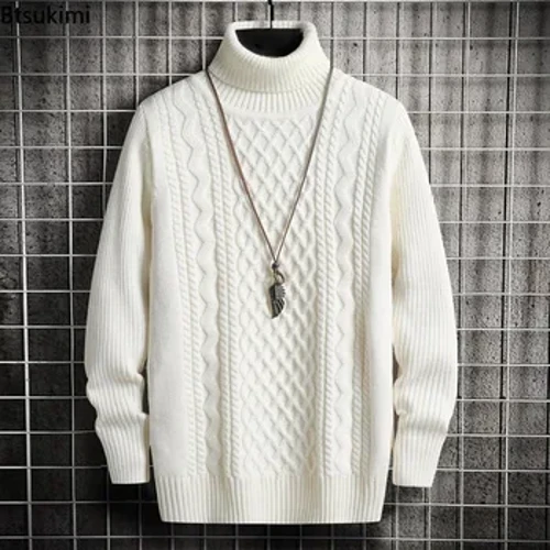2024 Pria Musim Dingin Hangat Turtleneck Sweater Rajutan Tebal Pullover Sweater Kasual Leher Tinggi Rajutan Warna Solid Jumper kanggo Pria